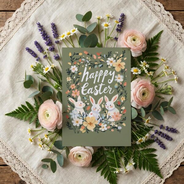 Vintage Bunny Floral Wreath Easter Card Sage Green Botanical Art Fully Editable Digital Download