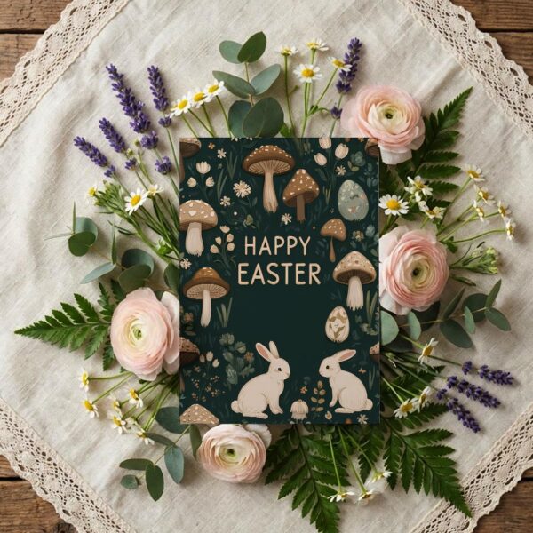 Vintage Mushroom Bunny Easter Dark Botanical Cottagecore Style Modern Digital Stationery Card