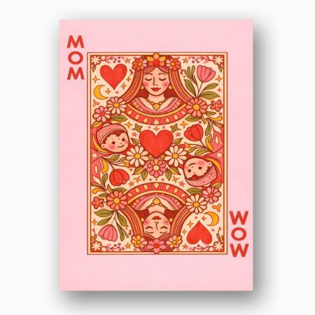 Vintage Playing Card Style Mom Wow Pink Red Hearts Illustration Personalizable Digital Print