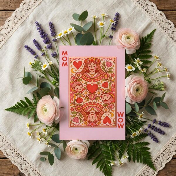 Vintage Playing Card Style Mom Wow Pink Red Hearts Illustration Personalizable Digital Print