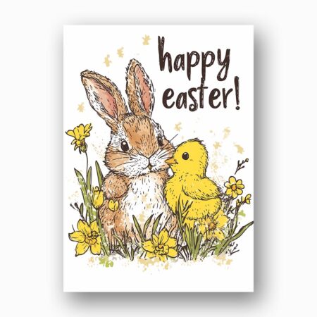 Watercolor Bunny Chick Happy Easter Card Sweet Spring Garden Illustration Fully Editable Digital Download
