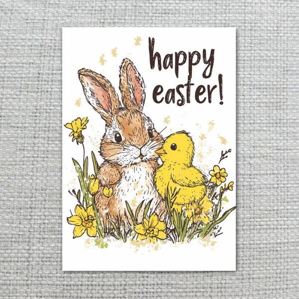 Watercolor Bunny Chick Happy Easter Card Sweet Spring Garden Illustration Fully Editable Digital Download