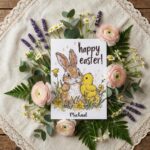 Watercolor Bunny Chick Happy Easter Card Sweet Spring Garden Illustration Fully Editable Digital Download