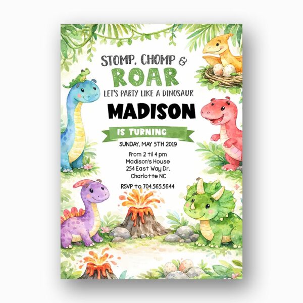 Watercolor Dinosaur Greenery Volcano Personalizable Digital Print