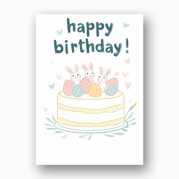Whimsical Bunny Birthday Celebration Card Pastel Spring Birthday Downloadable Home Print Card