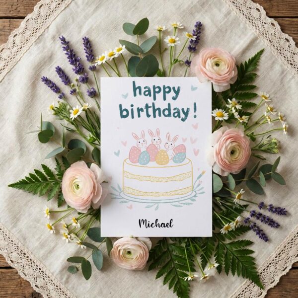 Whimsical Bunny Birthday Celebration Card Pastel Spring Birthday Downloadable Home Print Card