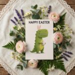 Whimsical Dino Bunny Illustration Pastel Green Aesthetic Customizable Watercolor Greeting