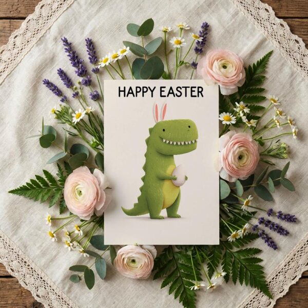 Whimsical Dino Bunny Illustration Pastel Green Aesthetic Customizable Watercolor Greeting