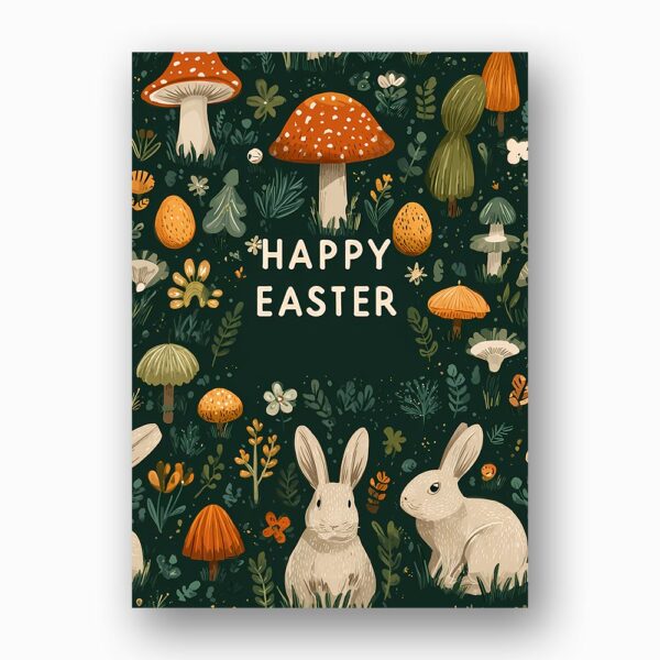 Whimsical Mushroom Forest Happy Easter Greeting Aesthetic Rabbit Art Instant Delivery Digital Card