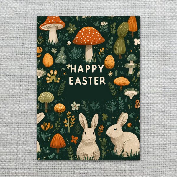 Whimsical Mushroom Forest Happy Easter Greeting Aesthetic Rabbit Art Instant Delivery Digital Card
