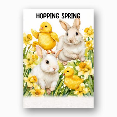 White Bunnies in Daffodil Meadow Hopping Spring Aesthetic Instant Digital Download Card