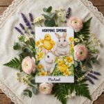 White Bunnies in Daffodil Meadow Hopping Spring Aesthetic Instant Digital Download Card