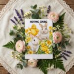 White Bunnies in Daffodil Meadow Hopping Spring Aesthetic Instant Digital Download Card