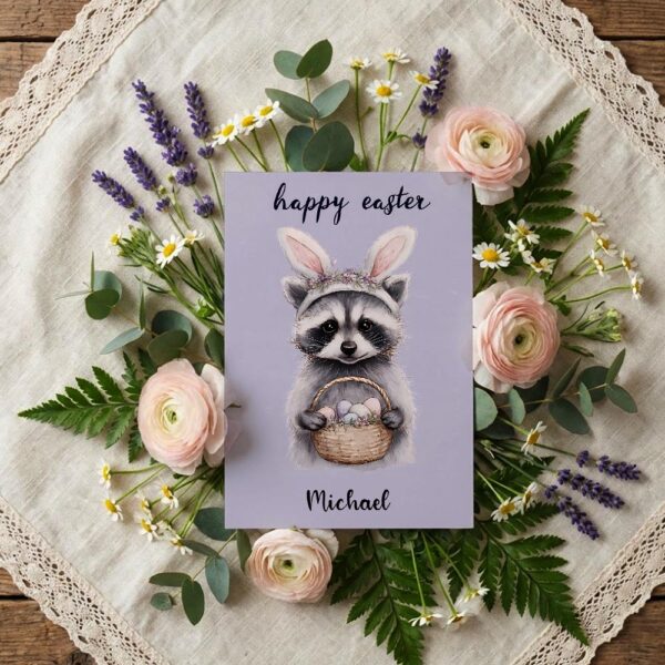 Woodland Raccoon with Easter Basket Unique Forest Animal Downloadable Sentiment Card
