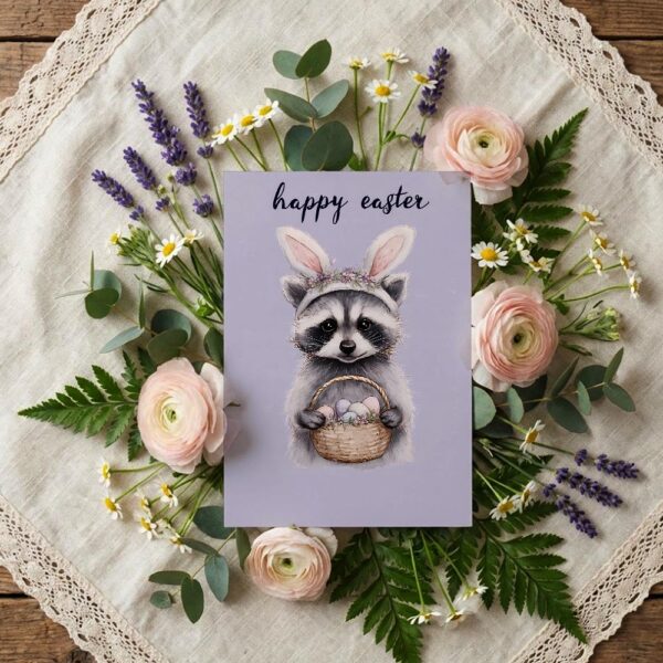 Woodland Raccoon with Easter Basket Unique Forest Animal Downloadable Sentiment Card