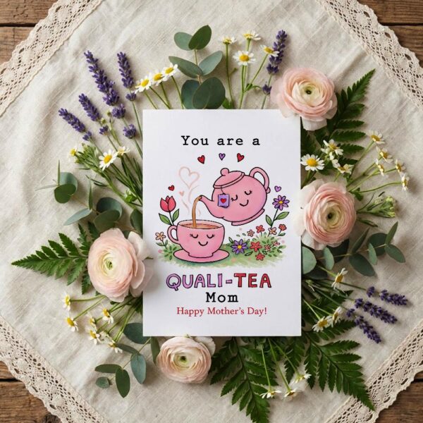 You Are A Quali Tea Mom Pink Teapot Tea Cup Pun Downloadable Sentiment Card
