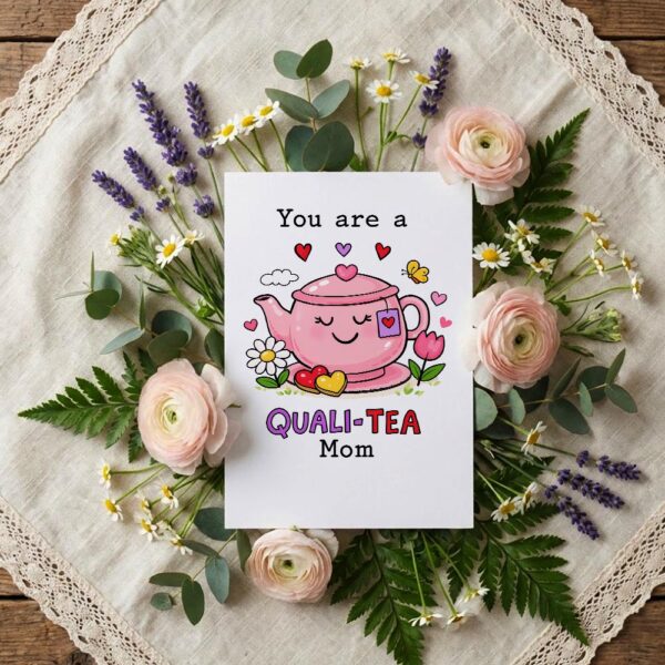 You Are A Quali Tea Mom Smiling Teapot Hearts Pun Customizable Digital Keepsake