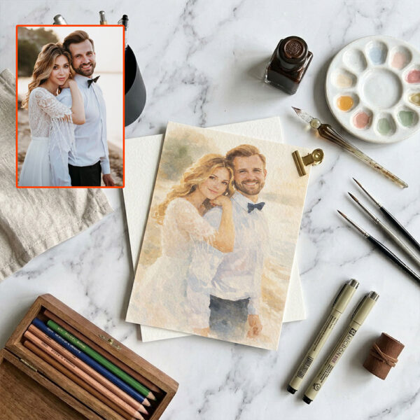 Custom Watercolor Portrait From Photo, Hand-Drawn Couple Anniversary Wedding Gift
