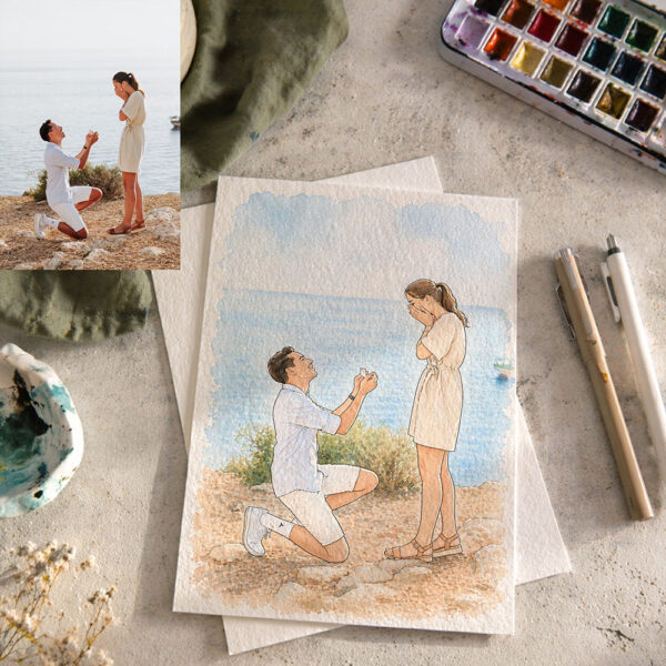 Custom Watercolor Couple Portrait, Hand Drawn Anniversary Wedding Gift