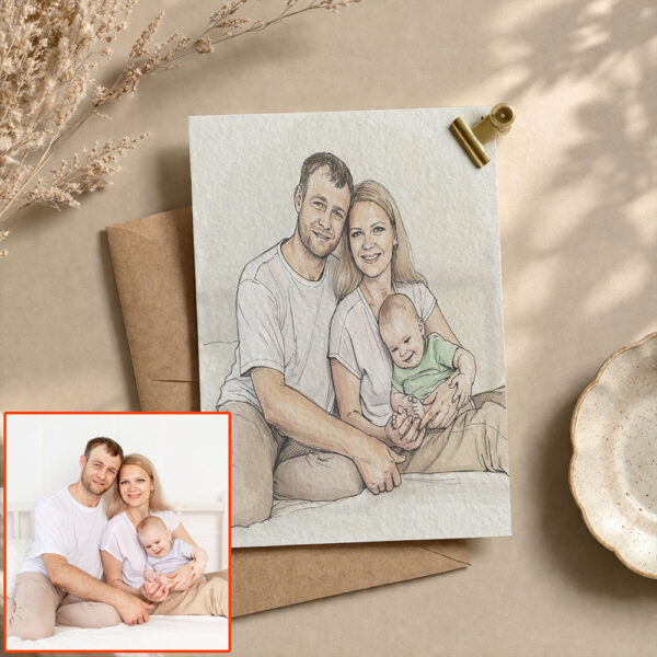 Custom Watercolor Family Portrait, Hand-Drawn from Photo, Personalized Keepsake