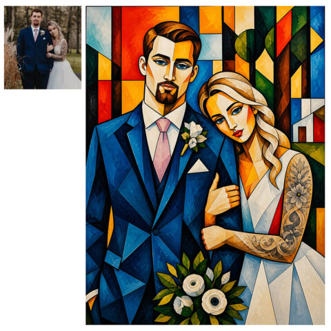 Custom Cubism Family Portrait, Personalized Stained Glass Art Print, Family Gift, Wedding Couple Painting