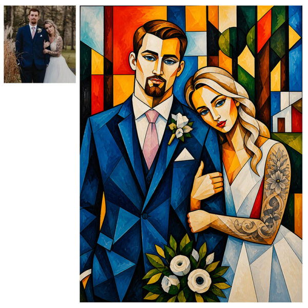 Custom Cubism Family Portrait, Personalized Stained Glass Art Print, Family Gift, Wedding Couple Painting