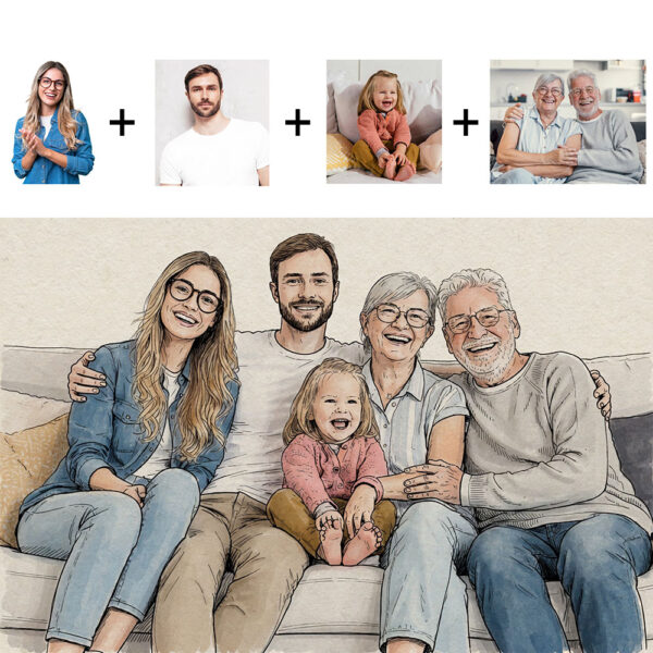 Custom Watercolor Family Portrait From Photos, Hand-Drawn Group Illustration