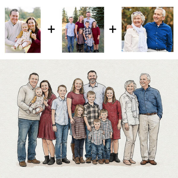 Custom Watercolor Family Portrait From Photos, Hand-Drawn Group Illustration