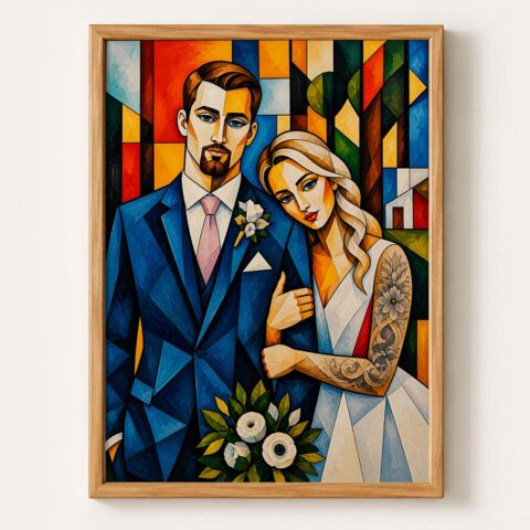 Custom Cubism Family Portrait, Personalized Stained Glass Art Print, Family Gift, Wedding Couple Painting